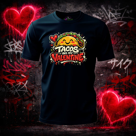 Black t-shirt with 'Tacos are my Valentine' graphic on a graffiti-covered background
