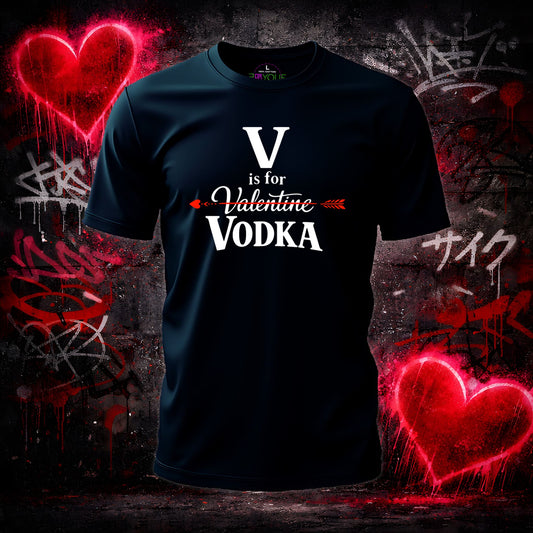 Black t-shirt with 'V is for Valentine Vodka' text on a graffiti-style background with red hearts.