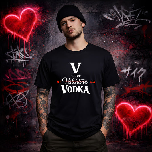 Man wearing a black t-shirt with 'V is for Valentine Vodka' design in front of a graffiti-covered wall with red hearts.