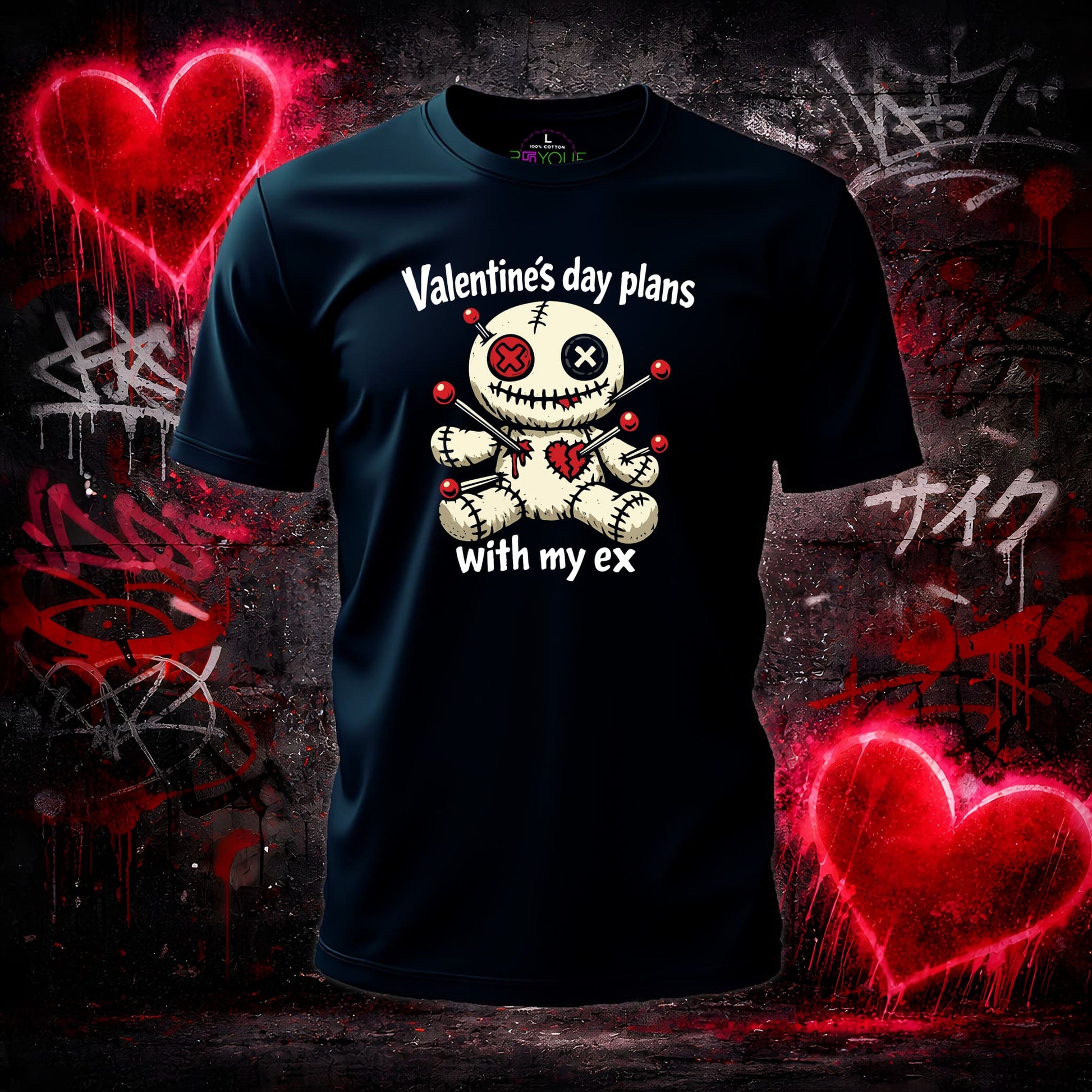 Black t-shirt with Valentine's Day graphic design featuring a skeleton and text, set against a graffiti-style background.