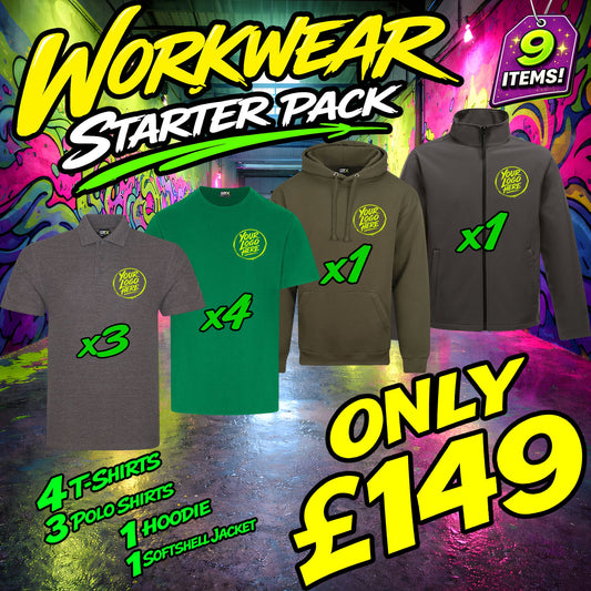 Workwear starter pack with t-shirts, polo shirts, hoodie, and softshell jacket on a colorful background.