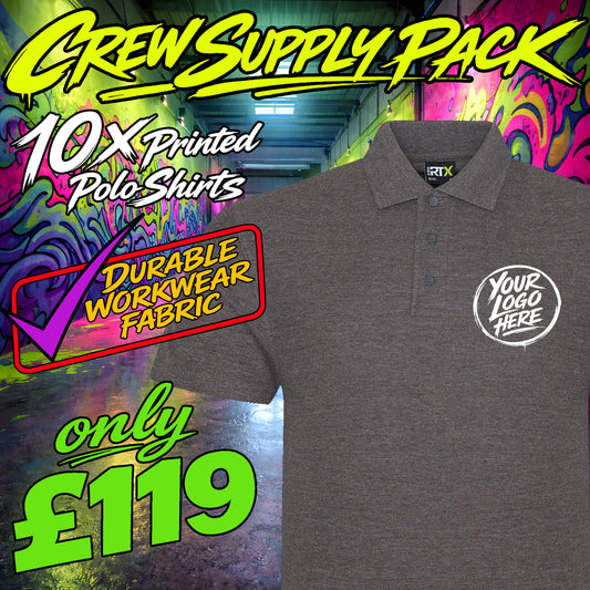 Gray polo shirt with 'Your Logo Here' on a colorful background with promotional text.