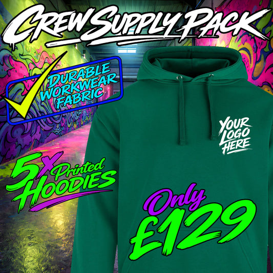 Green hoodie with text overlay on a colorful graffiti background