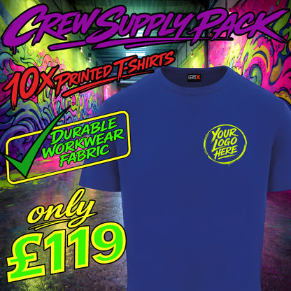 Blue t-shirt with 'Your Logo Here' text on a colorful graffiti background with promotional text.