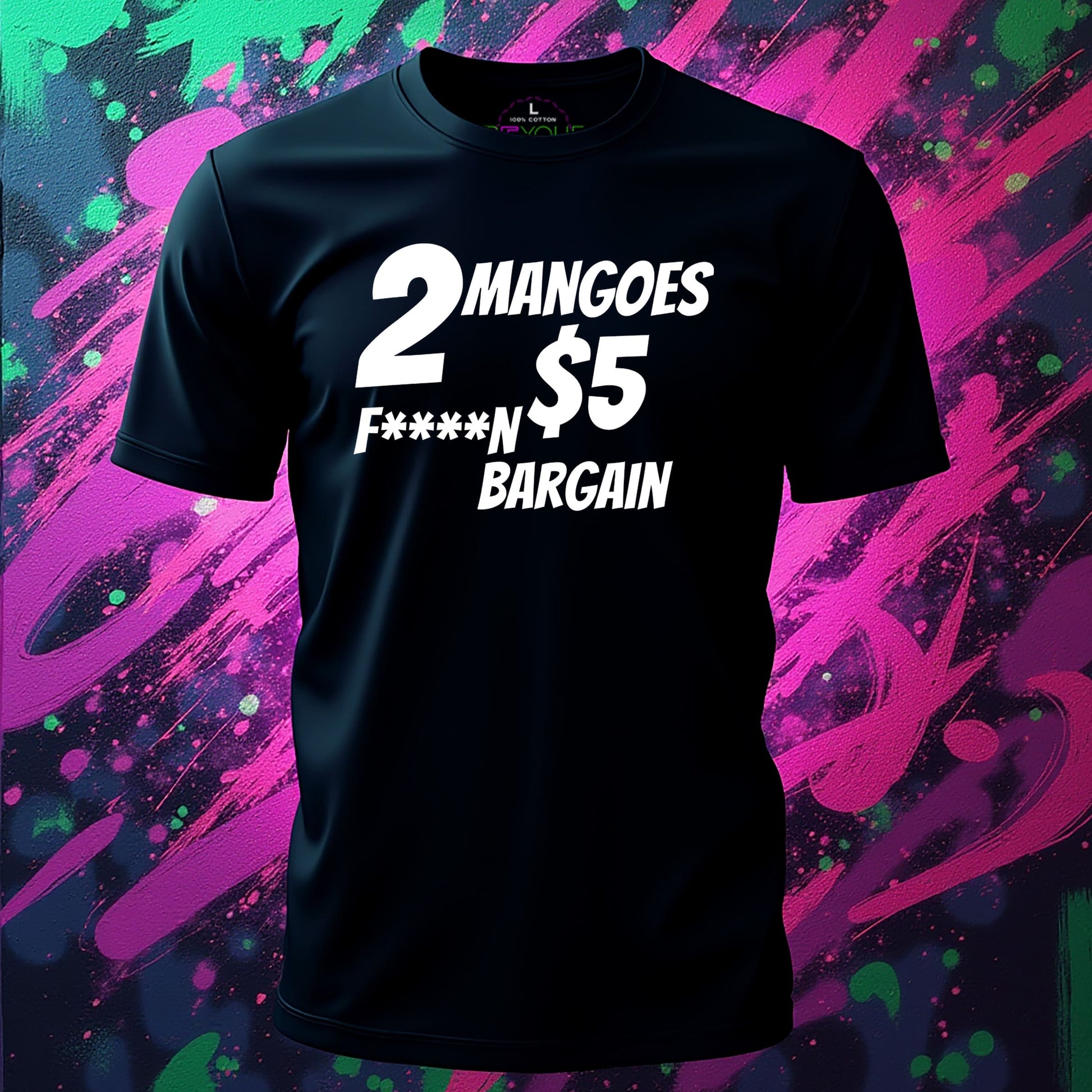 Black t-shirt with white text on a colorful abstract background