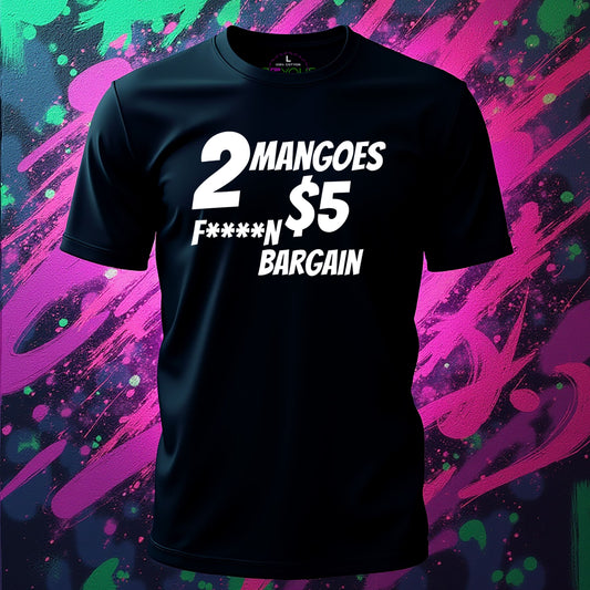 Black t-shirt with white text on a colorful abstract background