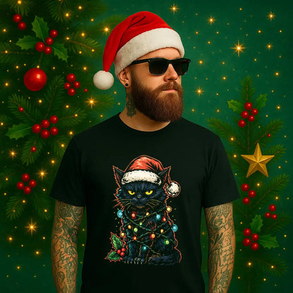 Grumpy Black Cat Christmas T-Shirt – Santa Lights Holiday Tee #xm9