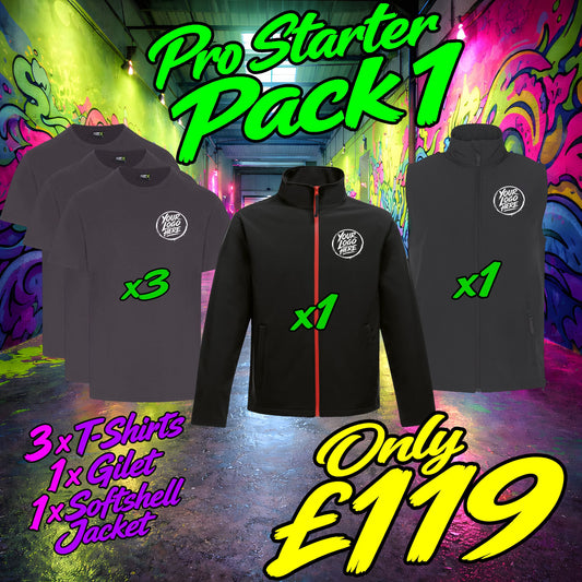 Promotional image of a 'Pro Starter Pack 1' with jackets, t-shirts, and gilets against a colorful graffiti background.