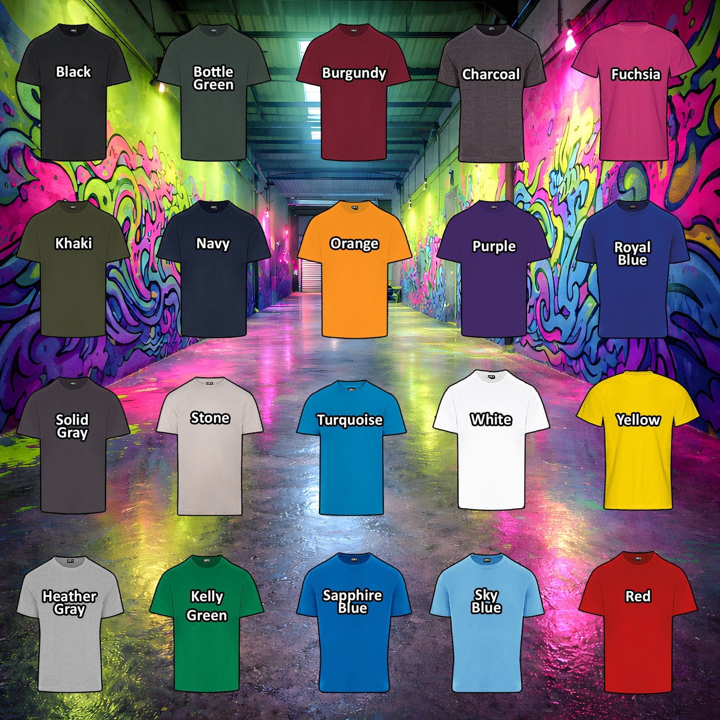 Collection of t-shirts in various colors with labels against a colorful graffiti wall.