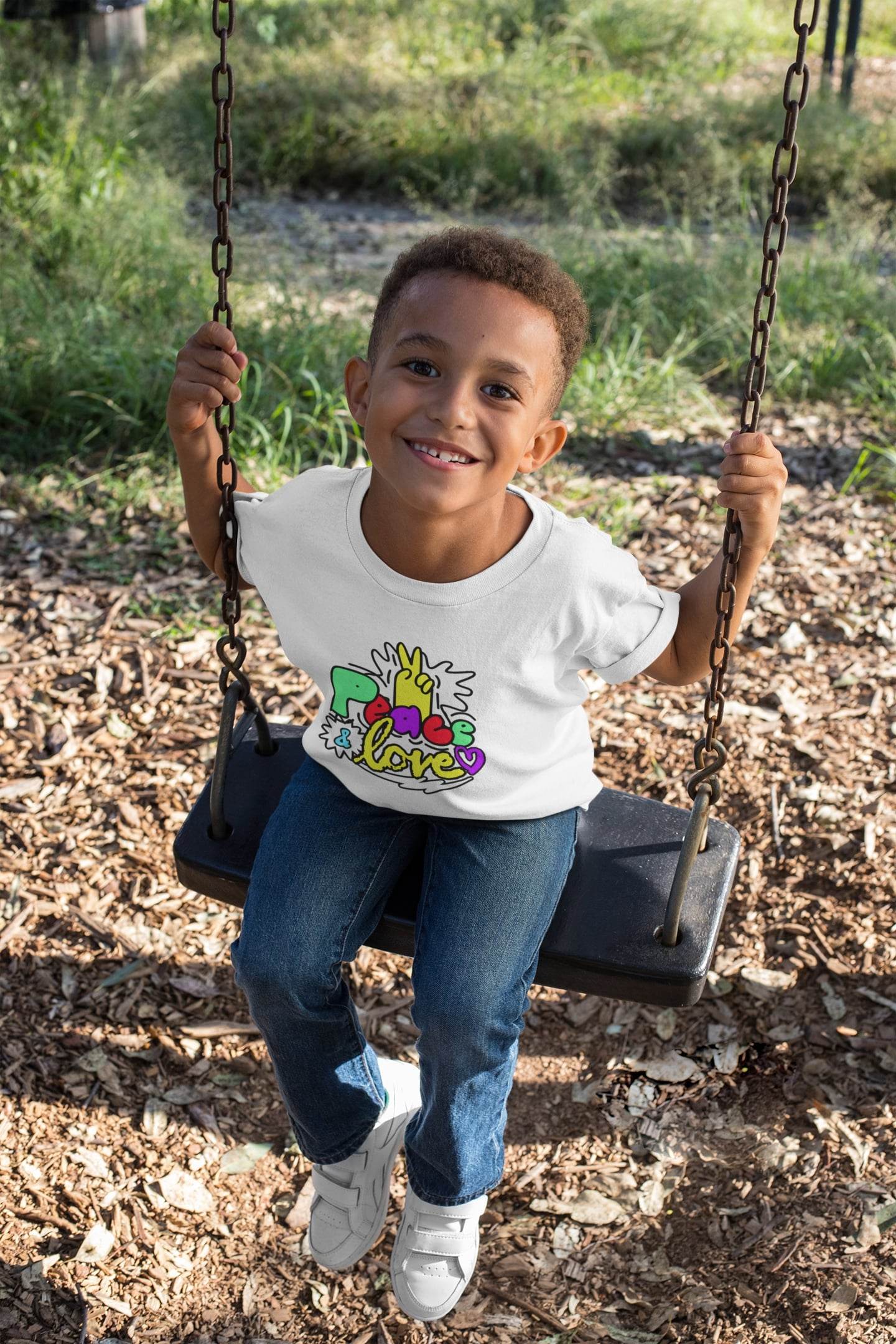 Peace and Love Kids T-Shirt – Colorful Doodle Design #k9 - Psyque